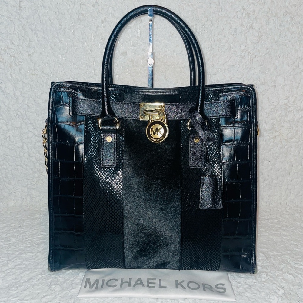 Michael Kors Hamilton Exotic Calf Hair Python Croc Embossed Leather Tote Black